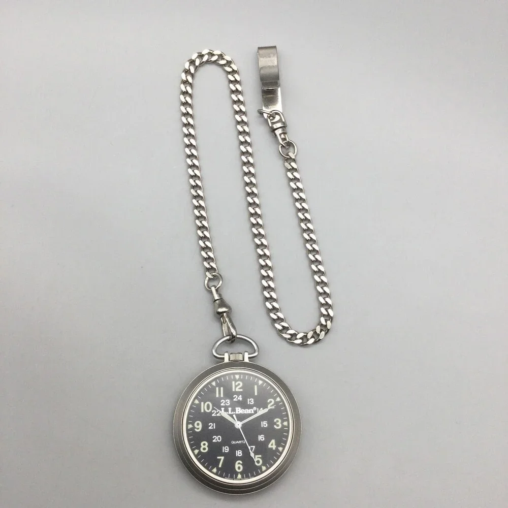 Vintage L.L.Bean Pocket Watch Men 42.6mm Black Military Dial Chain New Battery